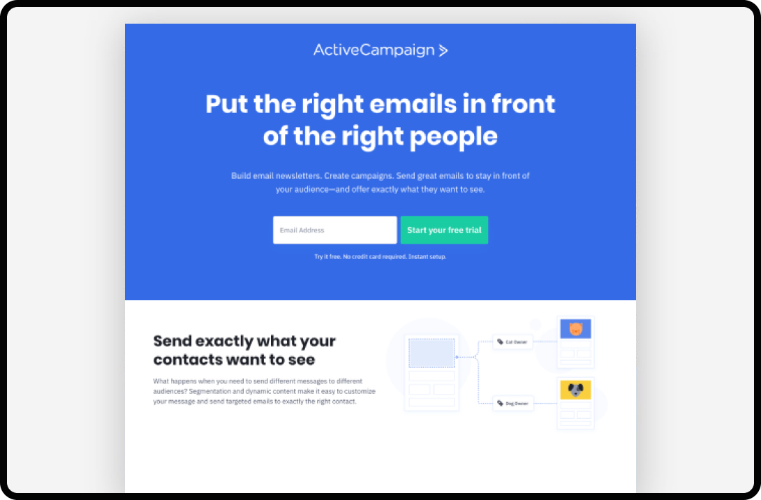 Screenshot of a landing page for ActiveCampaign
