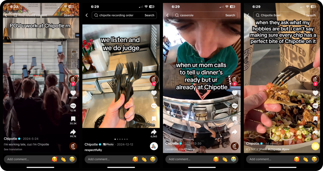 Screenshots of Chipotle's TikToks