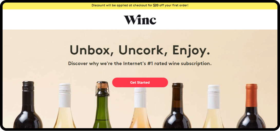 Screenshot of a landing page for Winc