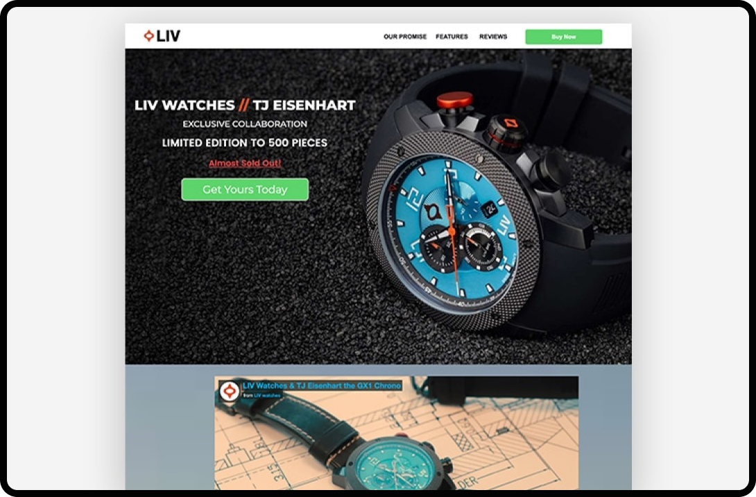 Screenshot of a landing page for Liv Watches