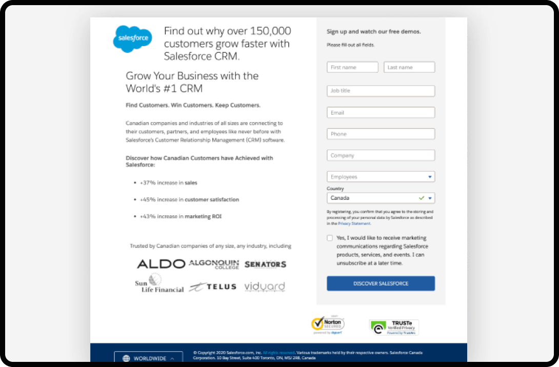 Screenshot of a landing page for Salesforce