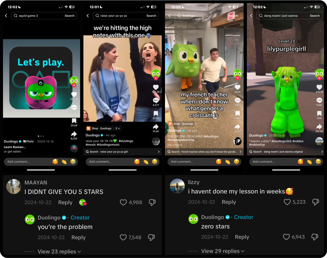 Screenshots of Duolingo's content on social media