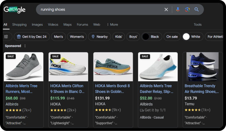 Screenshot showing a search of running shoes in Google