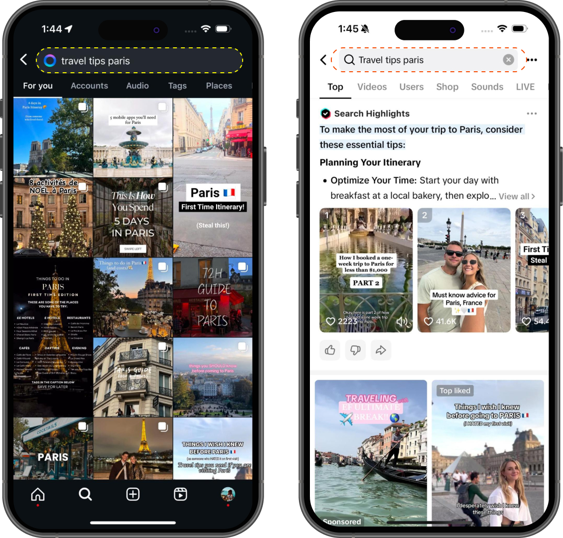 Screenshots of searching for Paris travel tips on social media platforms