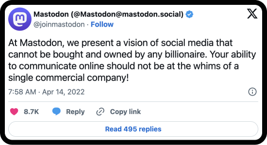 Screenshot of a tweet advertising Mastodon