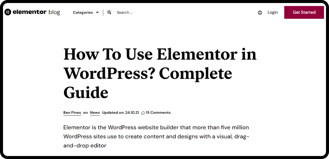 Screenshot of WordPress with Elementor