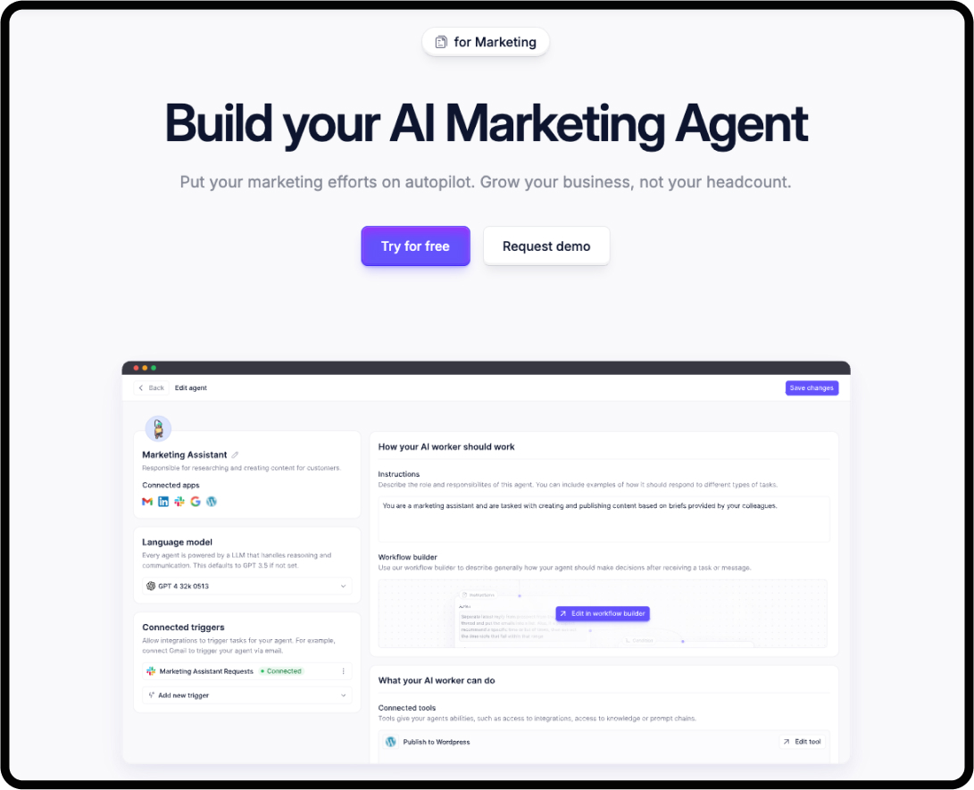 Screenshot of homepage for AI agents by Relevance AI