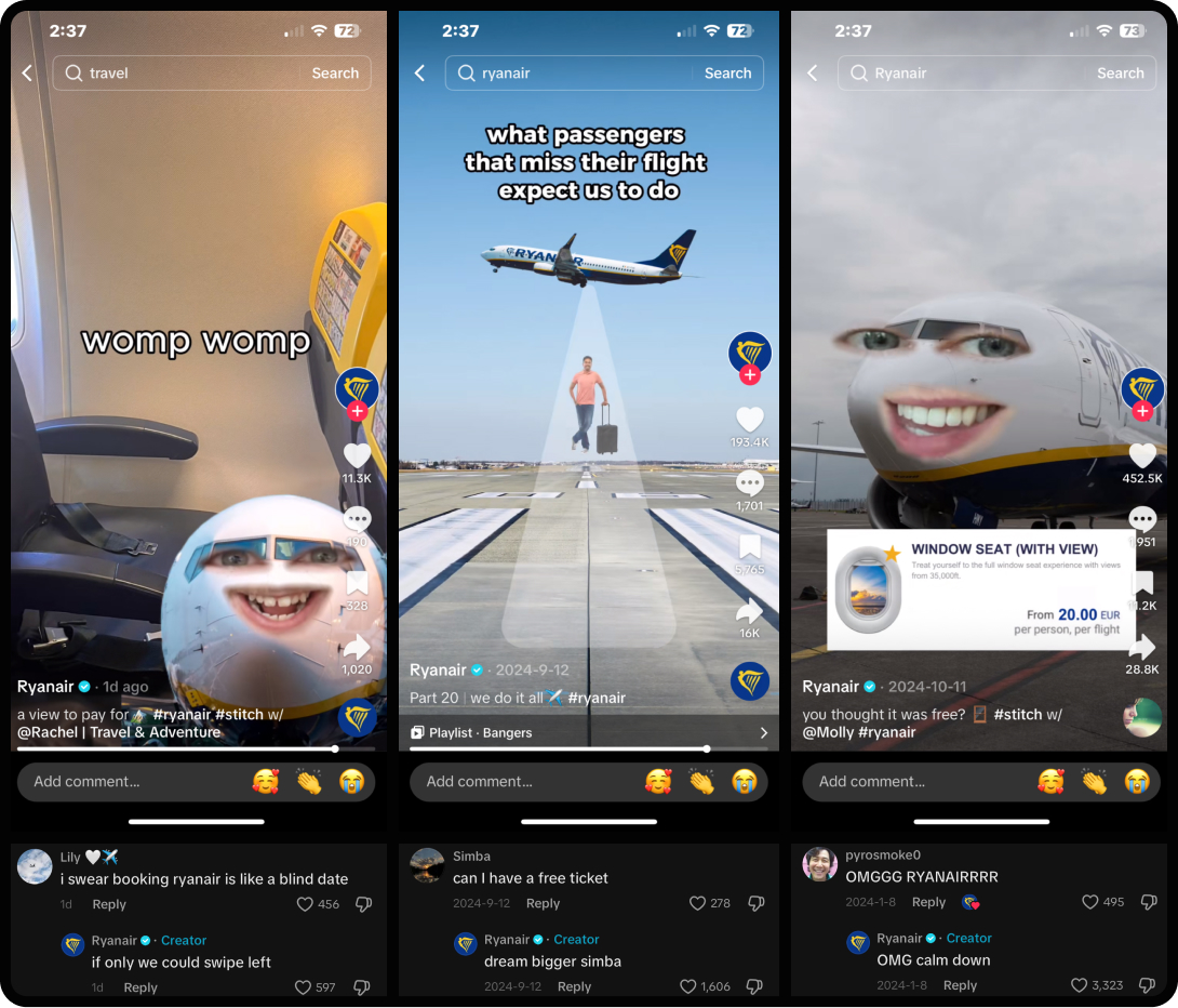 Screenshots of Ryanair's TikToks