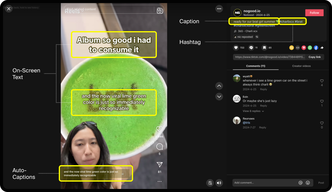 Screenshot of a TikTok and comment section showing the parts of a TikTok post.