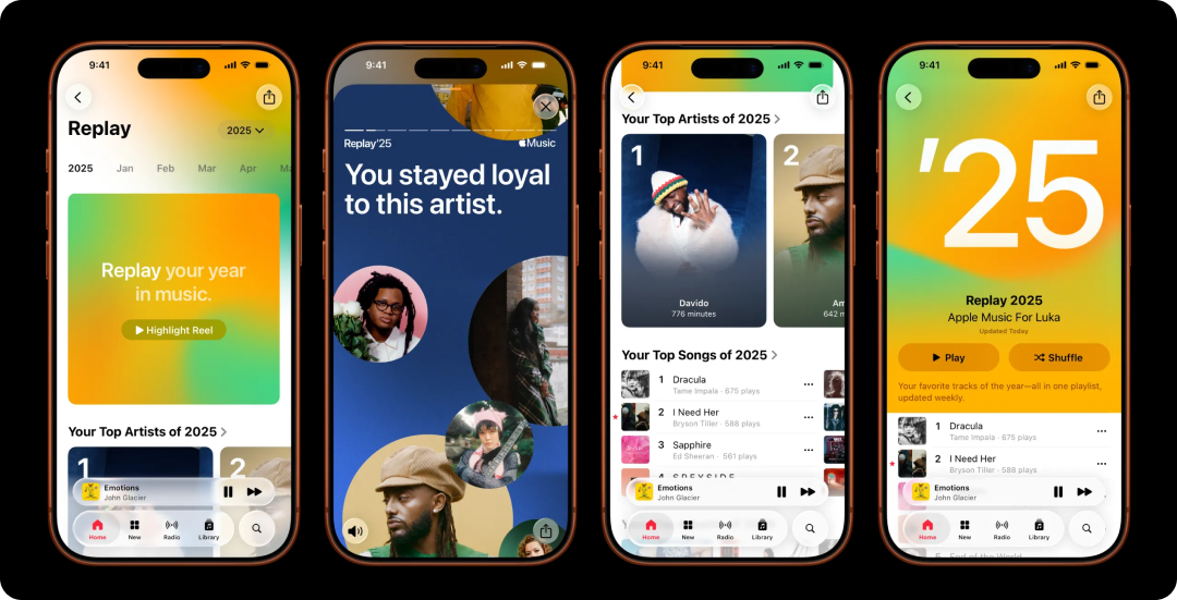 Screenshots from Apple Music's Replay, their take on Spotify Wrapped.