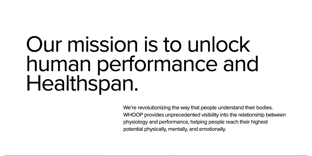 Screenshot from WHOOP's website showing their mission statement.