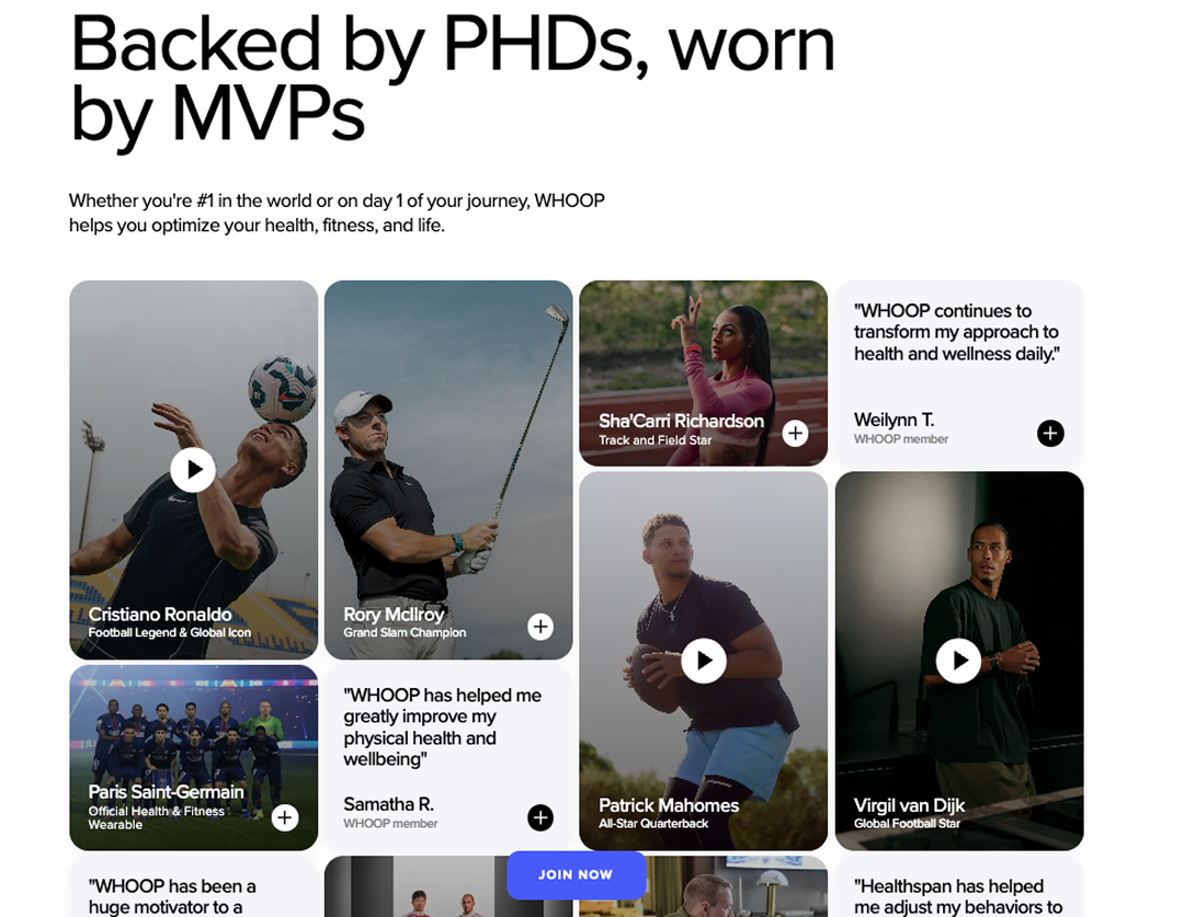 WHOOP website content showing expert POV being backed by PHDs.