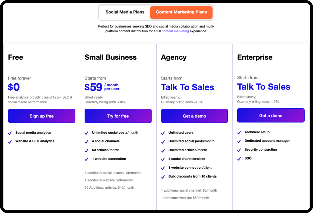 Screenshot of pricing structure for Storychief