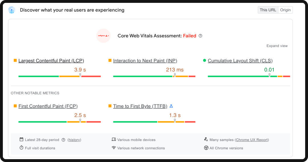 Example of a Core Web Vitals report from PageSpeed Insights.
