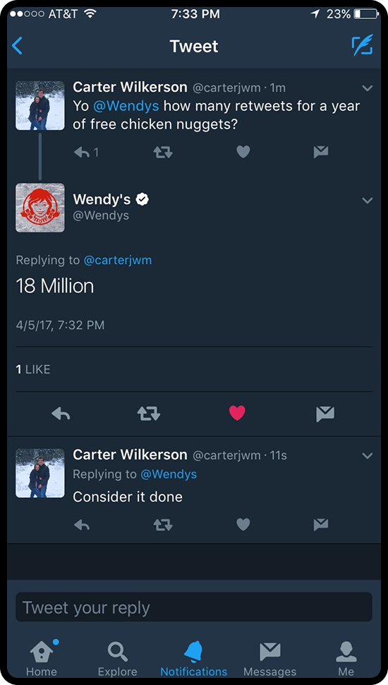 Screenshot of a Tweet to Wendy's