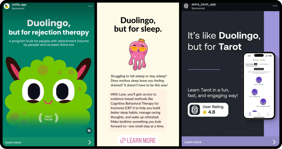 Screenshots of other ads that mimic Duolingo