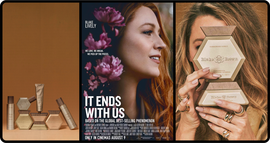 Three images: first is Blake Brown products, second is It Ends With Us movie poster, and third is Blake Lively holding products from her line