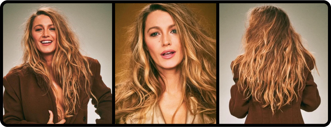 Three images of Blake Lively with messy hair 