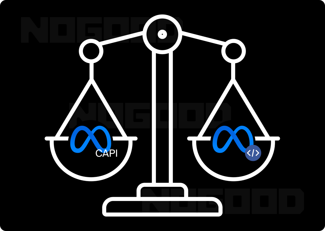 Meta Pixel and Capi logos on opposite sides of a balance scale