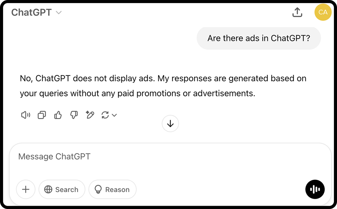 Screenshot of a conversation with ChatGPT asking if ChatGPT runs ads