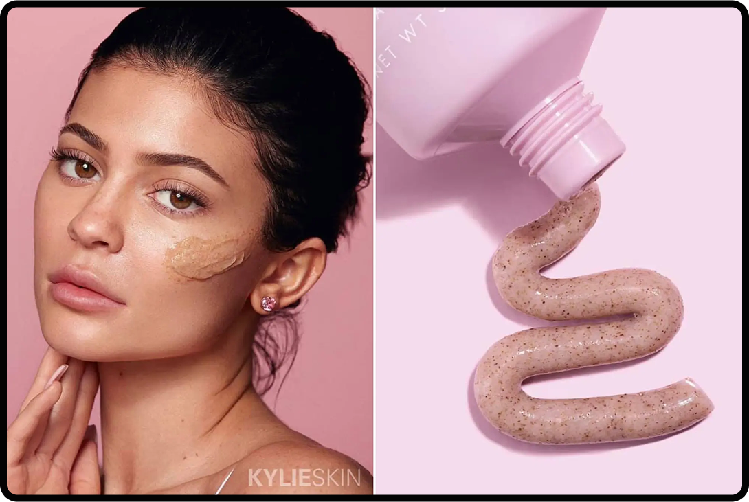 Kylie Skin scrub product image with Kylie Jenner and product being squeezed out