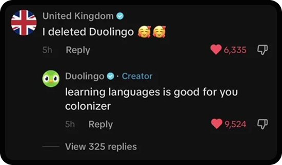 Screenshot of Duolingo responding in social comments sections