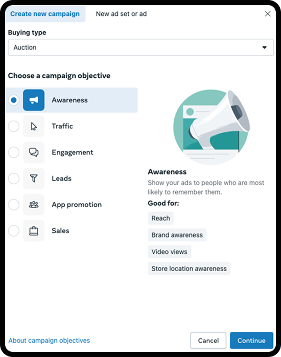 Screenshot of Meta's interface where you choose campaign objectives