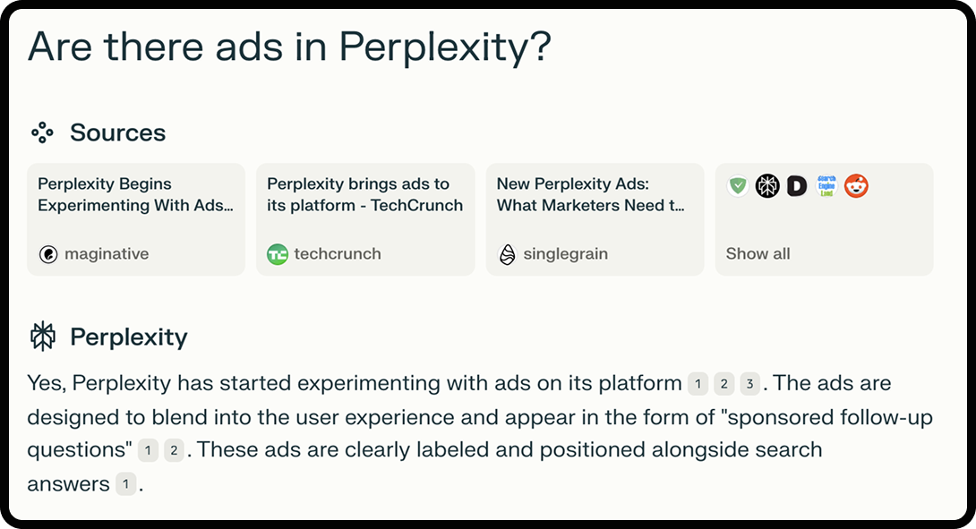 Screenshot of a conversation with Perplexity asking if Perplexity runs ads