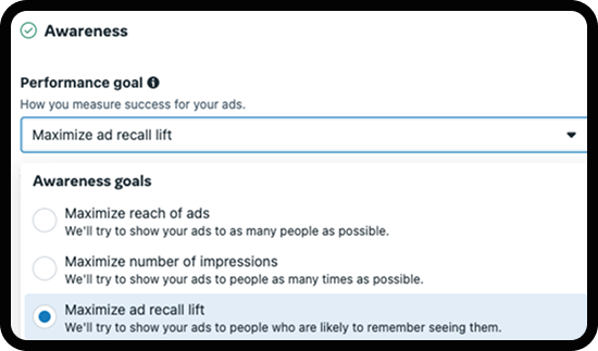 Screenshot of the Meta Ads interface where you can choose the goal for your campaign