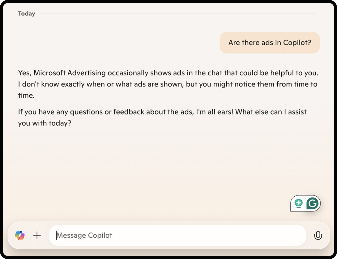 Screenshot of a conversation with Microsoft Copilot asking if Copilot runs ads