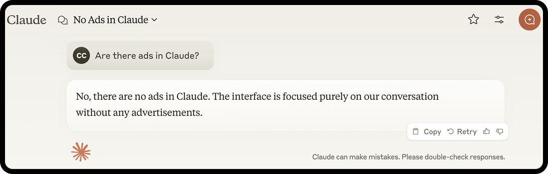Screenshot of a conversation with Claude asking if Claude runs ads