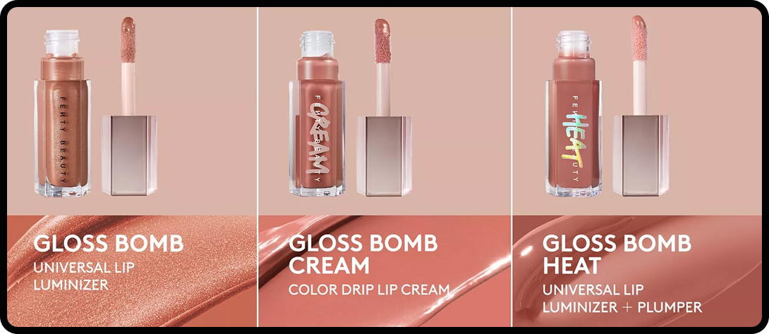 Fenty Lip Glosses advertisement: gloss bomb, gloss bomb cream, gloss bomb heat 