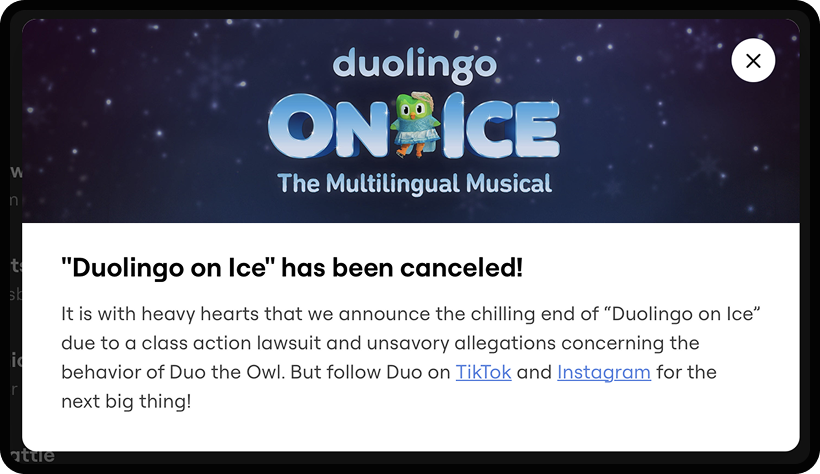 Screenshot of the website Duolingo built for Duo on Ice