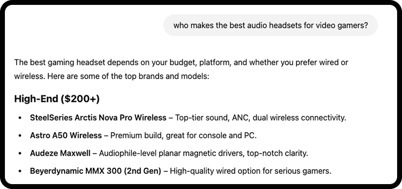 Screenshot of a conversation with ChatGPT asking for recommendations for audio headsets