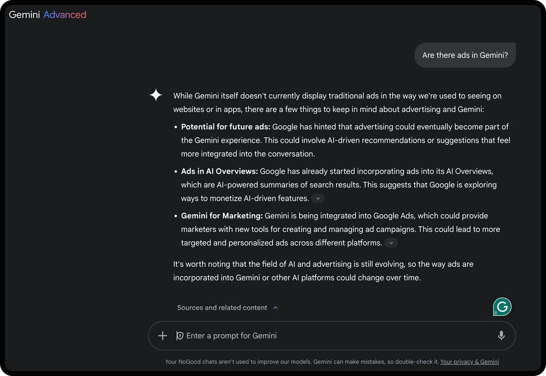 Screenshot of a conversation with Gemini asking if Gemini runs ads
