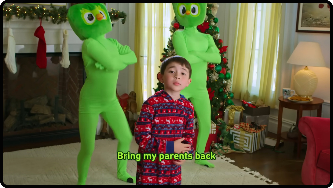 Screenshot from the music video Duolingo produced at Christmas