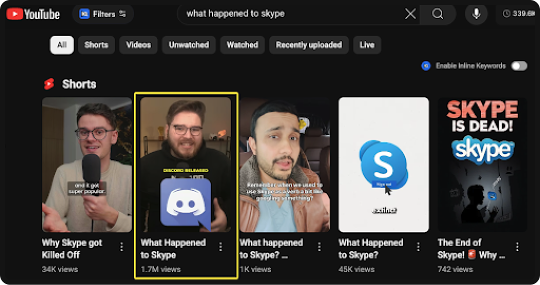 A YouTube Short about what happened to Skype coming up as a YouTube search result.