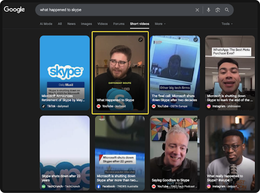 A YouTube Short about what happened to Skype coming up as a Google search result.