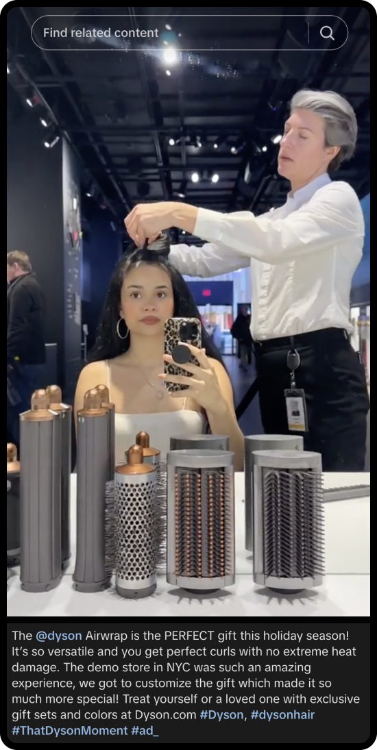 Screenshot of a TikTok showing Dyson's experiential marketing