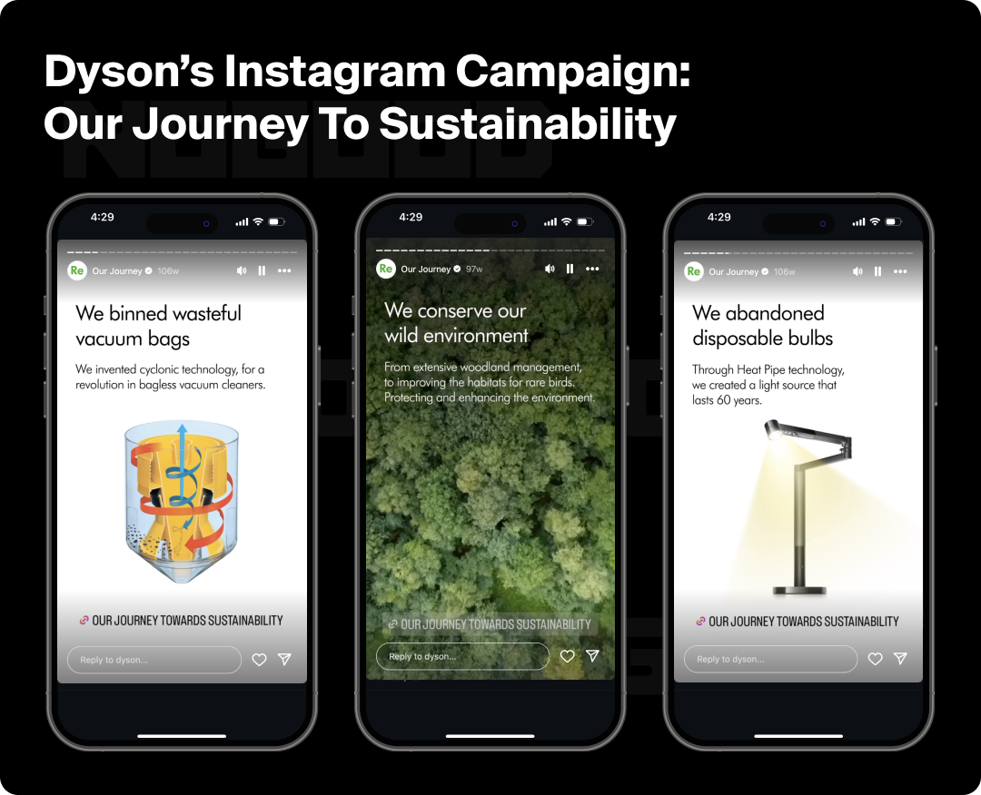 Three phone mock ups highlighting Dyson's campaigns that emphasize their sustainability