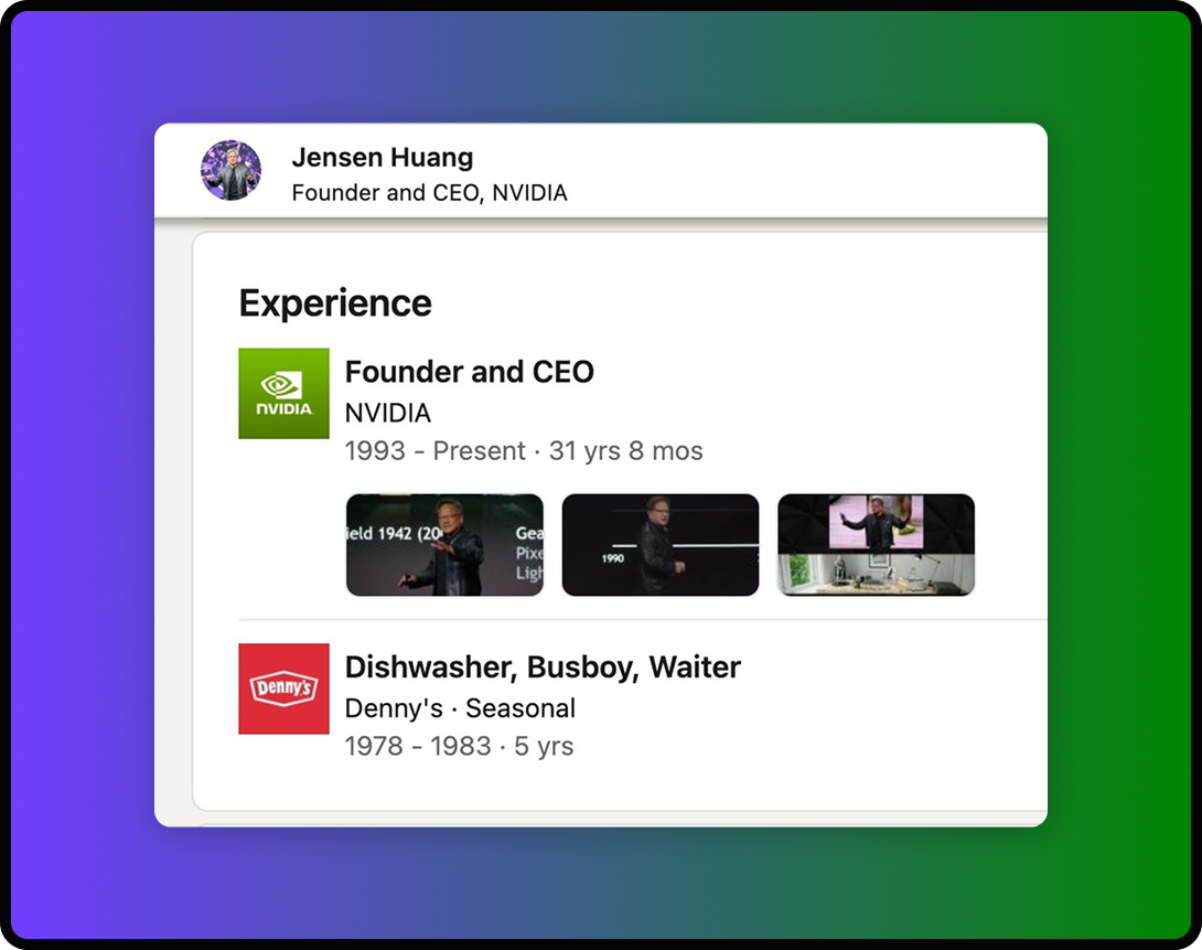 Screenshot of the founder of NVIDIA's LinkedIn work experience.