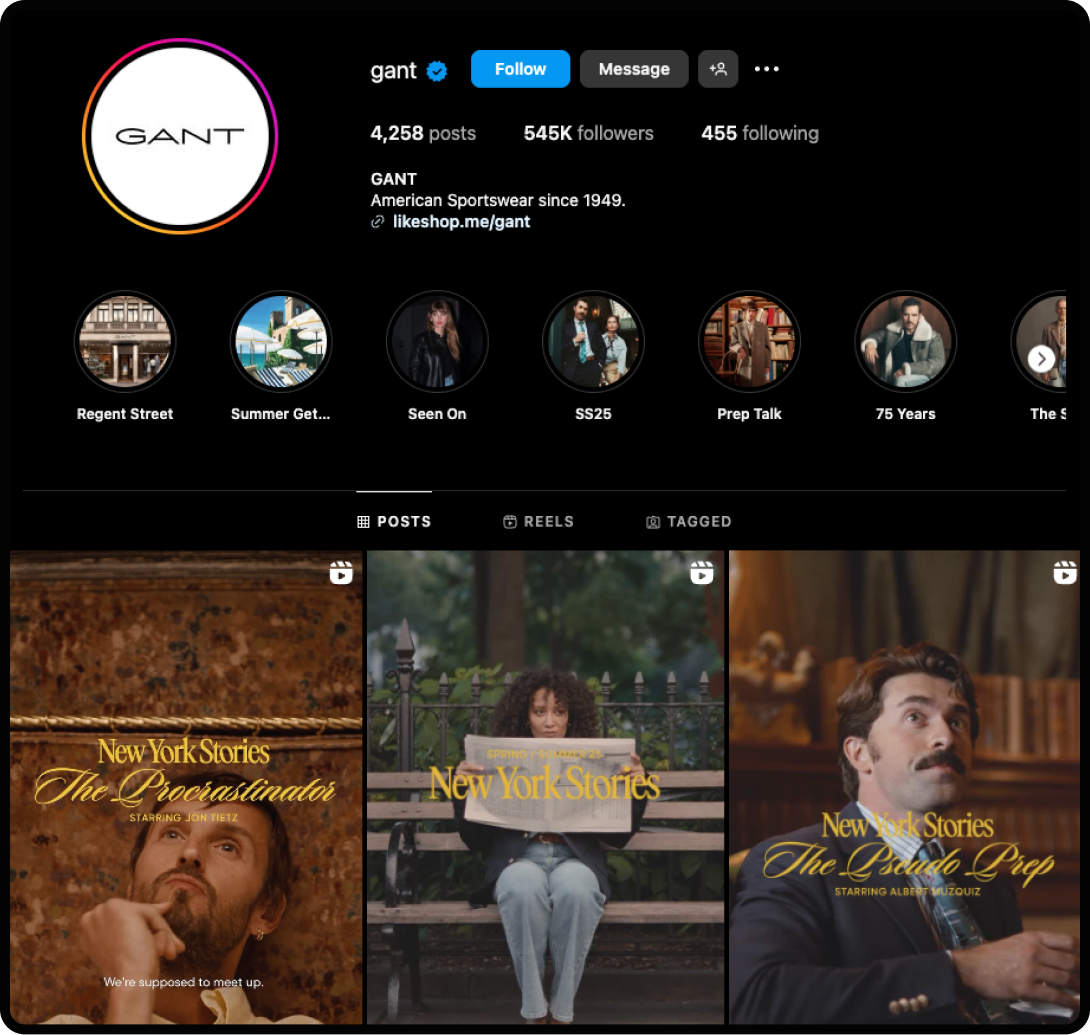 Screenshot of GANT's Instagram, a form of branded entertainment