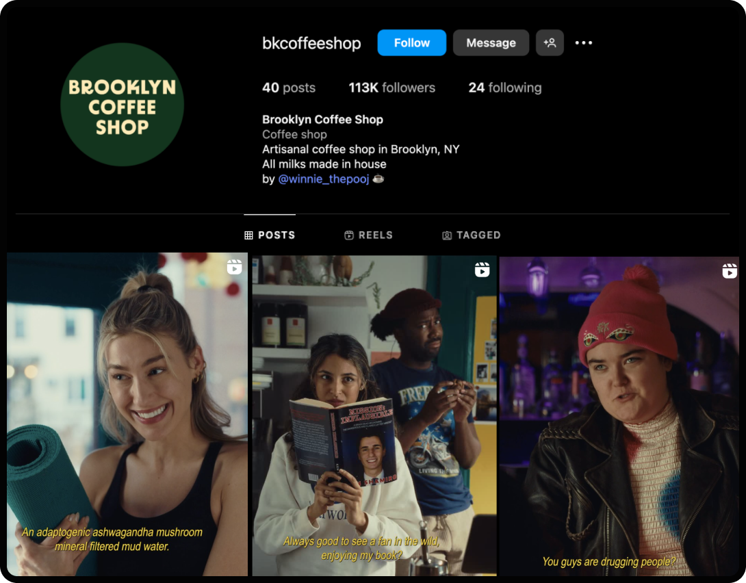 Screenshot of Brooklyn Coffee Shop's Instagram, a form of branded entertainment