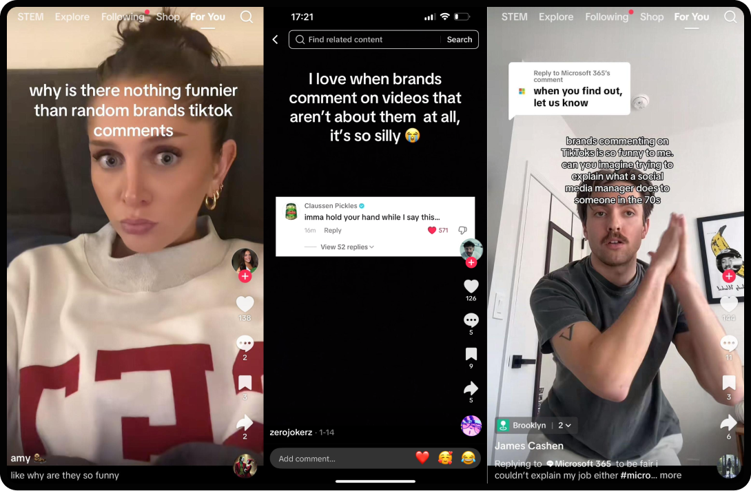 Tiktok videos discussing how brands are commenting on user tiktoks