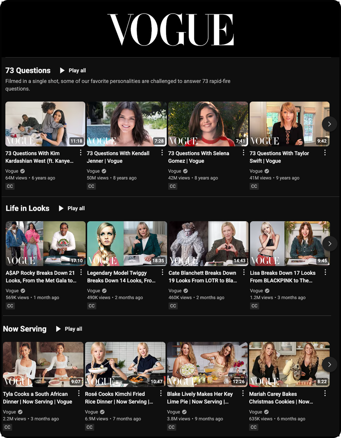 Videos included in Vogue's 73 Questions series.
