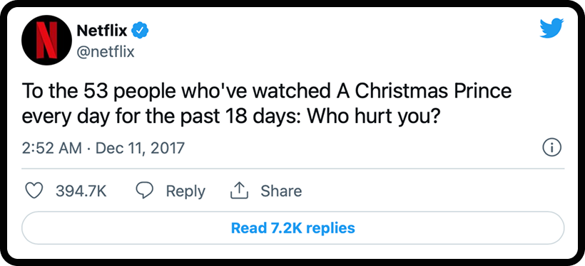 Screenshot of a Tweet from Netflix, an example of humor as a social strategy.