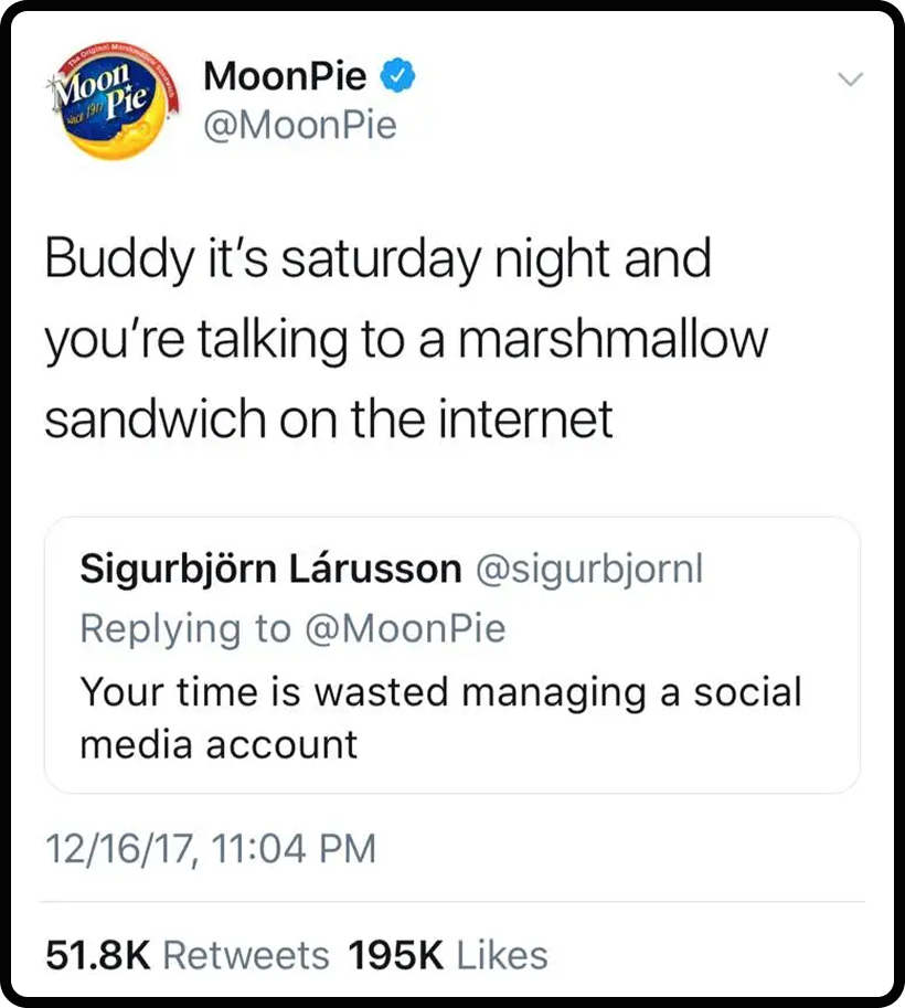 Screenshot of a Tweet from Moonpie, a pioneer of humor as a social strategy.