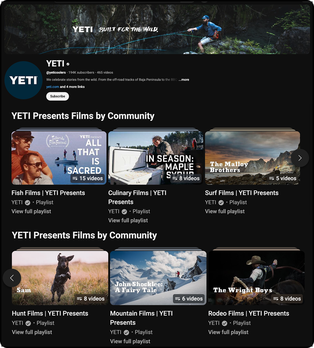YETI's YouTube profile, full of branded entertainment.