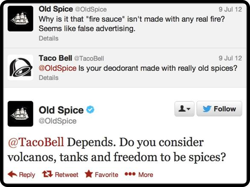 Screenshot of a Tweet from Old Spice, an example of humor as a social strategy.