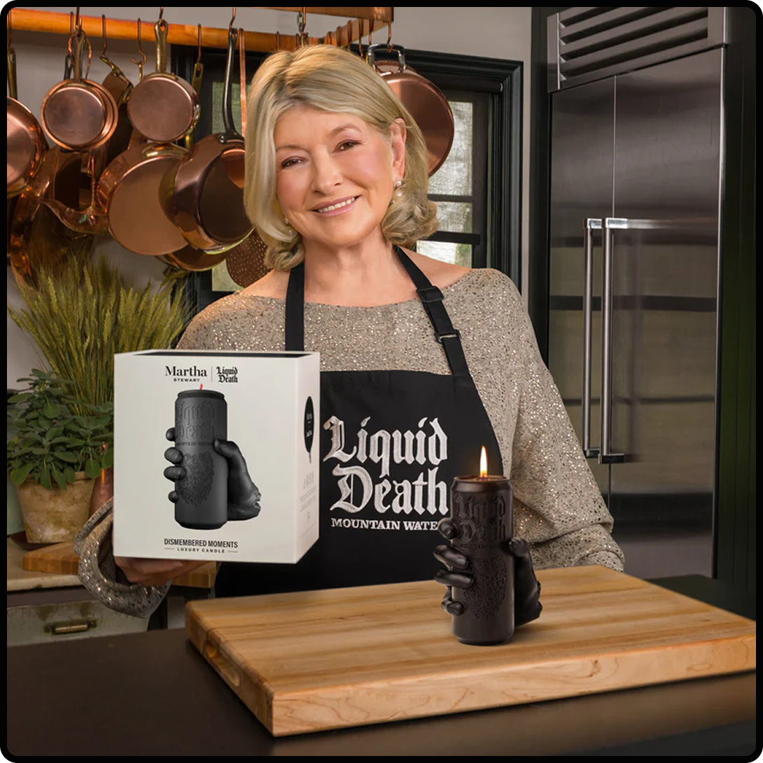 A promotional image from Martha Stewart's collaboration with Liquid Death.